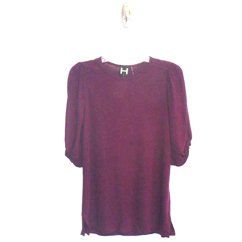 H by Bordeaux Short Twist Puff Sleeve Linen Blend Knit Top Raisin Purple Small